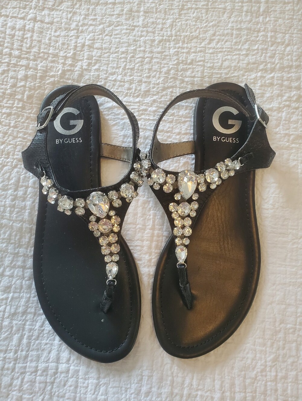 G By Guess Black Jeweled T-Strap Sandals